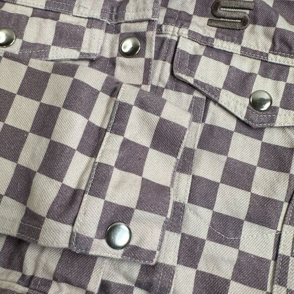 EUC Women’s Checkered Purple Cream Button Up Crop Denim Jacket- Size Small - Picture 6 of 8